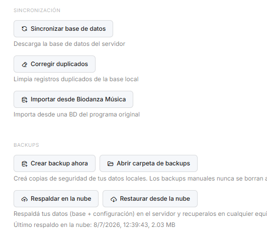 Ajustes de sincronización y backup en BiO Momentos Desktop