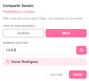 Diálogo de compartir sesión a un Móvil por número de licencia