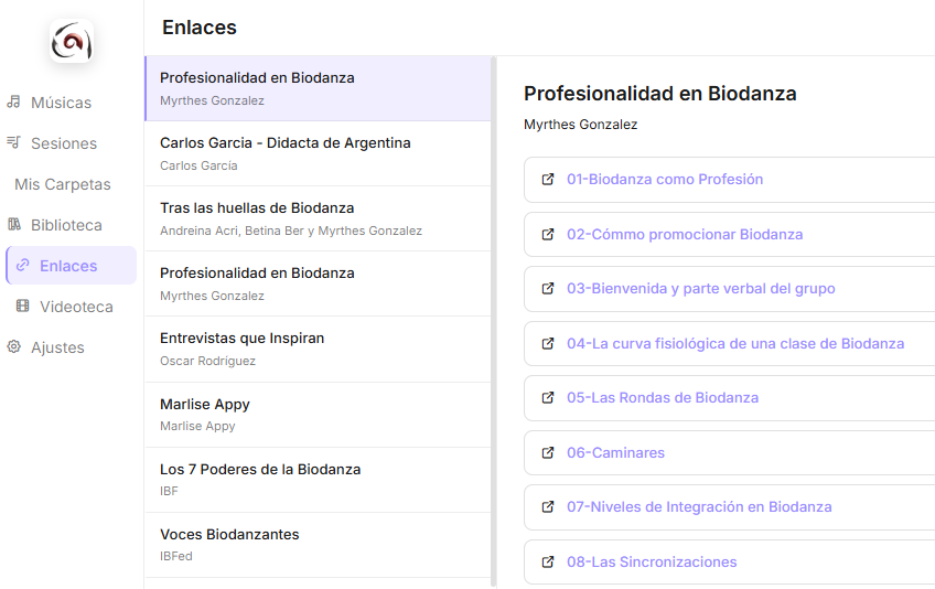 Enlaces a videos y artículos de referentes de Biodanza en BiO Momentos Desktop