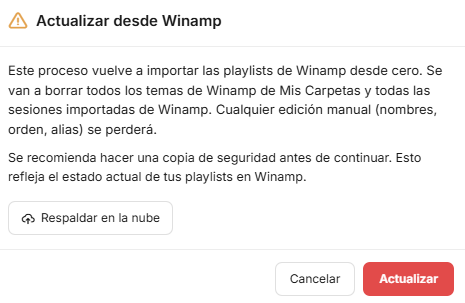 Diálogo de importación de Winamp en BiO Momentos Desktop