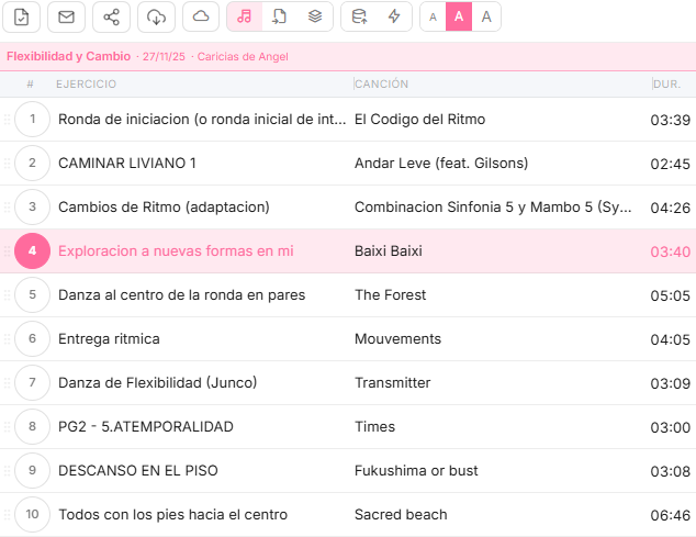 Vista de la sesión Flexibilidad y Cambio en BiO Momentos Desktop con la lista de canciones