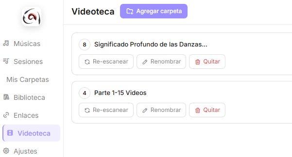 Videoteca en BiO Momentos Desktop con carpetas de videos organizadas
